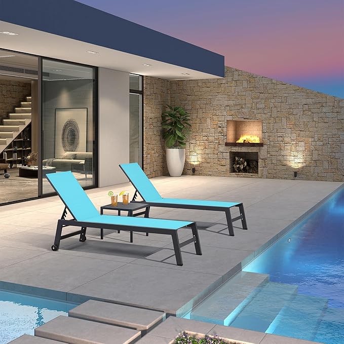 PURPLE LEAF Outdoor Patio Chaise Lounge Set 2 Pieces Pool Lounge Sunbathing Chairs with Wheels Chair for Yard (2 Turquoise Blue Lounges W/Side Table)