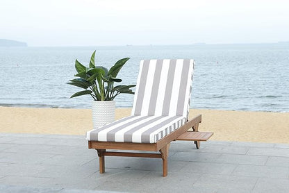 SAFAVIEH Outdoor Collection Newport Natural/ Grey & White Stripe Cushion Built-in Side Table Adjustable Chaise Lounge Chair