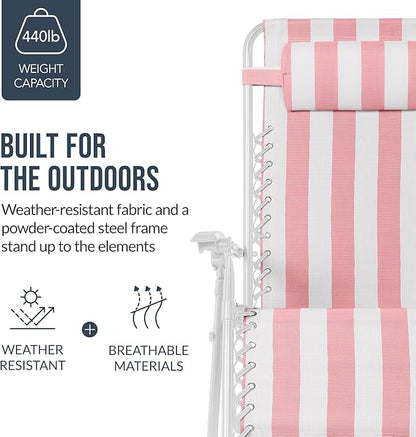 Best Choice Products Set of 2 Extra Wide Adjustable Steel Mesh Zero Gravity Lounge Chair Recliners w/Pillows and Cup Holder Trays - Flamingo Stripes/White