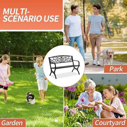 Outdoor Bench Patio Garden 50 Inches Metal Porch Furniture Loveseat, Front Porch Bench with Armrests Patterned Backrest Slatted Seat for Park, Porch, Yard, Lawn, Balcony, Black