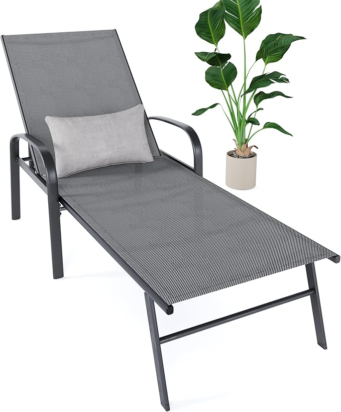 Outdoor Chaise Lounge Chair Adjustable Pool Lounge Chairs with Lumbar Pillow Outside Tanning Chairs for Beach Deck Backyard Lawn