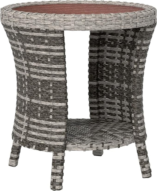 Outsunny 18" Outdoor Wicker Coffee Table, 2-Tier Patio Side Table with Storage, PE Rattan Outdoor Coffee Table with Composite Wood Top, Steel Frame for Garden Backyard Balcony, Mixed Gray