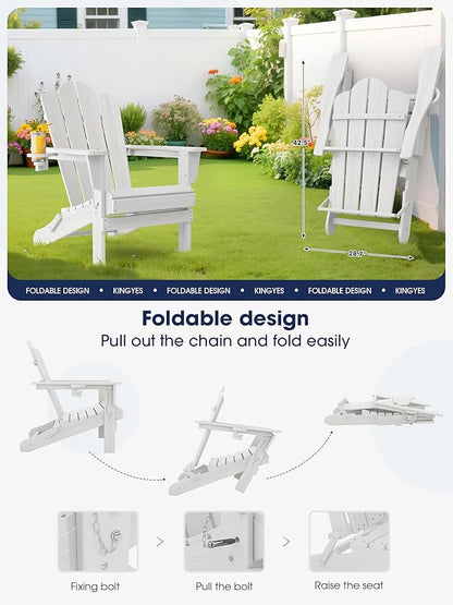 KINGYES Folding Adirondack Chair, HDPE All-Weather Patio Chairs with Cup Holder, Wooden Textured Fire Pit Chairs for Poolside, Backyard, Deck, White