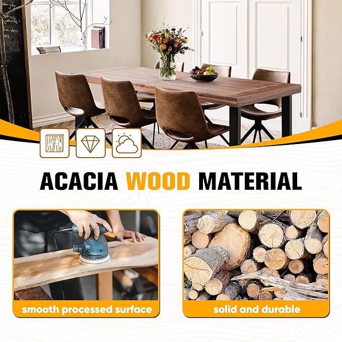 Flamaker Dining Table for 6 FSC Acacia Wood Indoor Outdoor Home Kitchen Table with Iron Legs Large Rectangular Patio - Photo 6