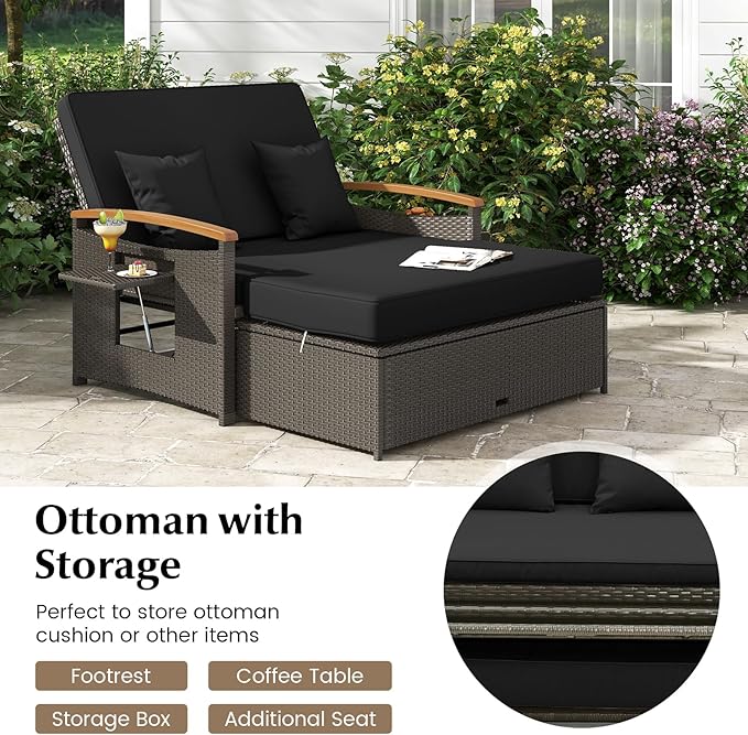 LDAILY Moccha Outdoor Wicker Daybed, Patio Rattan Loveseat Sofa w/ 4-Level Adjustable Backrest, Folding Panels - Photo 6