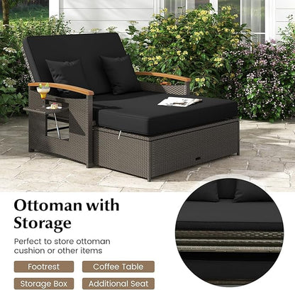 LDAILY Moccha Outdoor Wicker Daybed, Patio Rattan Loveseat Sofa w/ 4-Level Adjustable Backrest, Folding Panels, Storage Ottoman & Cushions, Lounge Furniture Set for Poolside Backyard Porch (Black)