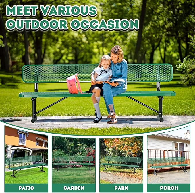 8FT/96INCH Heavy Duty Metal Park Bench for Outside, Outdoor Garden Benches with Backrest & Portable Frame, Expanded Metal Mesh Bench for Shopping Malls, Lawn, Park, Deck, Patio, Porch, Green