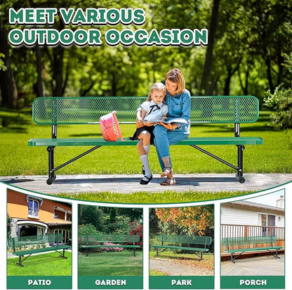 8FT/96INCH Heavy Duty Metal Park Bench for Outside, Outdoor Garden Benches with Backrest & Portable Frame, Expanded Metal Mesh Bench for Shopping Malls, Lawn, Park, Deck, Patio, Porch, Green