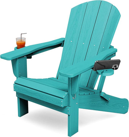 KINGYES Folding Adirondack Chair with Dual Cup Holders - HDPE All-Weather Outdoor Chairs, Wood-Like Patio Chair for Backyard, Camping, Pool & Fire Pit, Aruba