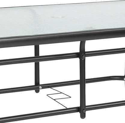 Flash Furniture Tory 31.5" x 55" Rectangular Tempered Glass Metal Patio Table with Umbrella Hole, Modern Rippled Glass Outdoor Dining Table, Black