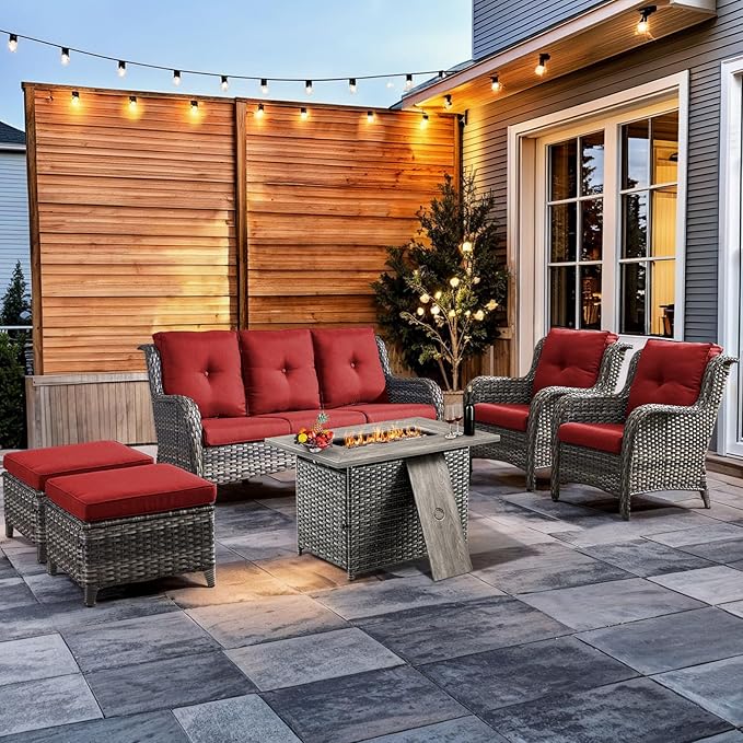 HUMMUH 6 Pieces Patio Furniture Set with Fire Pit Table High Back Outdoor Conversation Set Wicker Patio Couch Outdoor - Photo 1