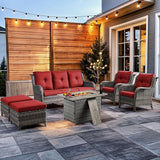 HUMMUH 6 Pieces Patio Furniture Set with Fire Pit Table High Back Outdoor Conversation Set Wicker Patio Couch Outdoor - Photo 1