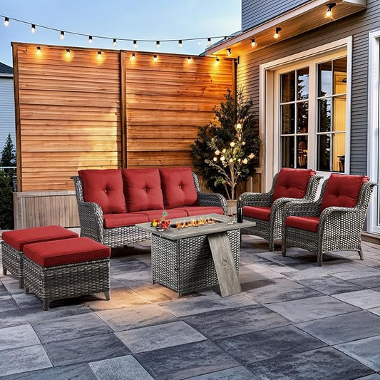 HUMMUH 6 Pieces Patio Furniture Set with Fire Pit Table High Back Outdoor Conversation Set Wicker Patio Couch Outdoor Chairs Ottomans for Balcony Garden,Lawn,Deck