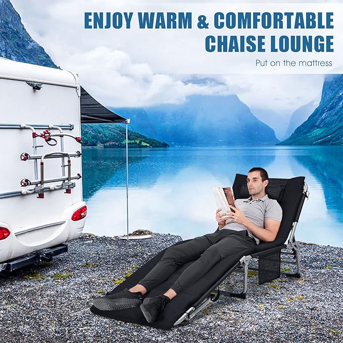 Giantex 2-Pack 2-in-1 Lounge Chair Chaise Lounger with Mattress, 4 Adjustable Position, Pillow, Side Pocket Beach Recliner for Sunbathing, Patio, Pool, Lawn, Deck Folding Camping Cot, Black