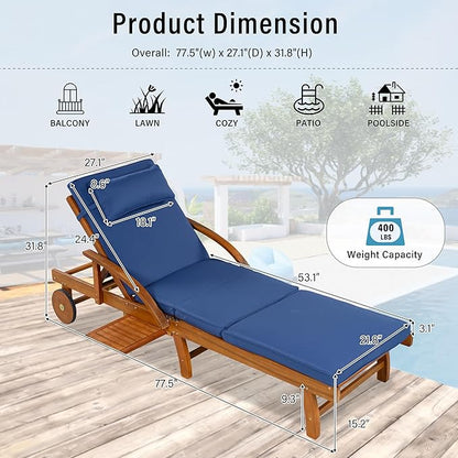 LUMISOL Acacia Wood Chaise Lounge Chair Set of 2, Patio Outdoor Chaise Lounge with Cushions, Adjustable Backrest, Leg Rest, Headrest, Retractable Side Tray for Patio, Pool, Garden, Navy Blue