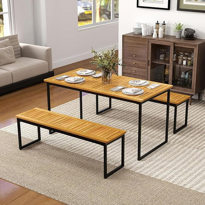 HAPPYGRILL Acacia Wood Patio Dining Bench with U-Shaped Metal Legs, Adjustable Foot Pads, 800 LBS Bistro Bench for Dining Room, Garden, Poolside
