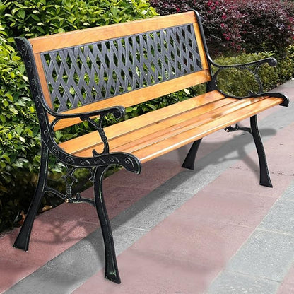 Giantex 50'' Patio Park Garden Bench, Weather Proof Porch Path Chair, 470 LBS Bearing Capacity Outdoor Furniture with Wood Frame, Rugged Durable Cast Iron Structure