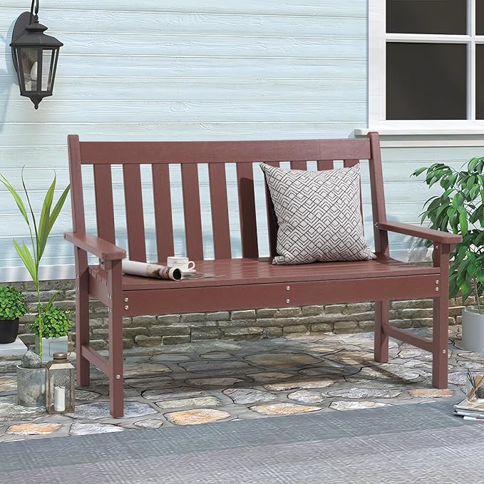 COBANA Outdoor Garden Bench, All Weather HDPE Patio Porch Bench with Faux Wood Grain Pattern, 2-Person Seat for Lawn, Park, Backyard, Entryway, Brown