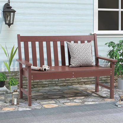 COBANA Outdoor Garden Bench, All Weather HDPE Patio Porch Bench with Faux Wood Grain Pattern, 2-Person Seat for Lawn, Park, Backyard, Entryway, Brown