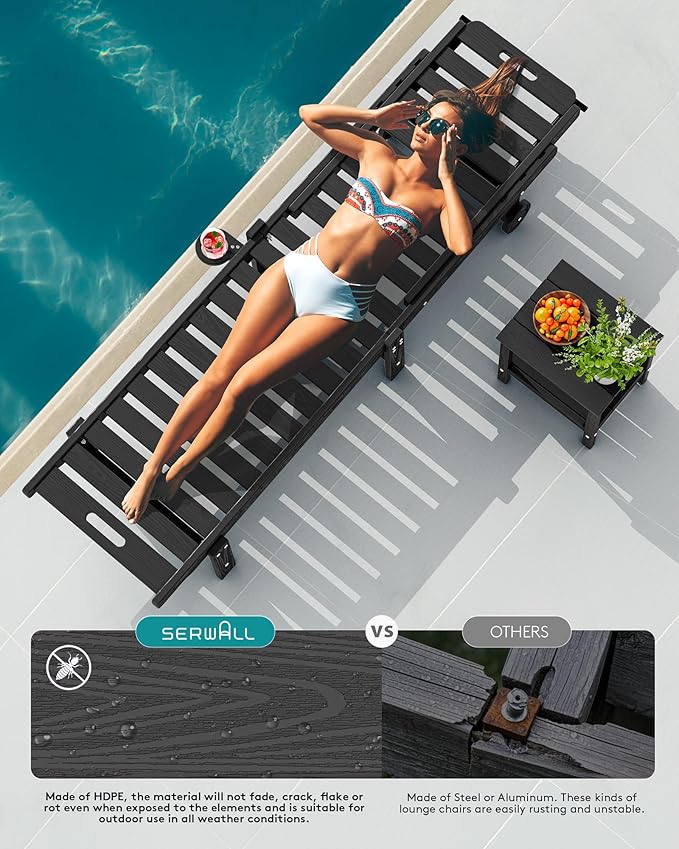 SERWALL Patio Chaise Lounge Set of 2, HDPE Outdoor Lounge Chair with Cup Holder, 5 Positions Adjustable Outdoor Lounger with Rolling Wheels for Poolside, Black