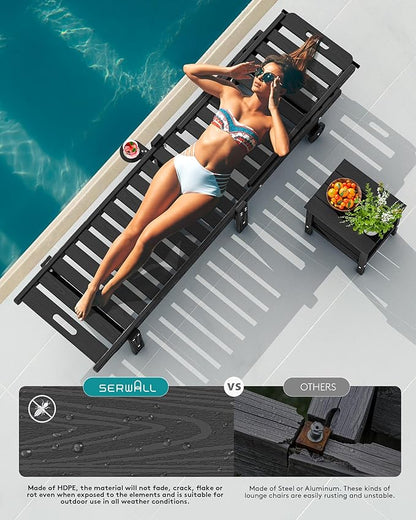 SERWALL Outdoor Chaise Lounge Set of 2 with 9FT Umbrella, HDPE Pool Lounge Chair with 5-Position Adjustable Backrest, Patio Lounger with Rolling Wheels & Cup Holder for Pool, Black
