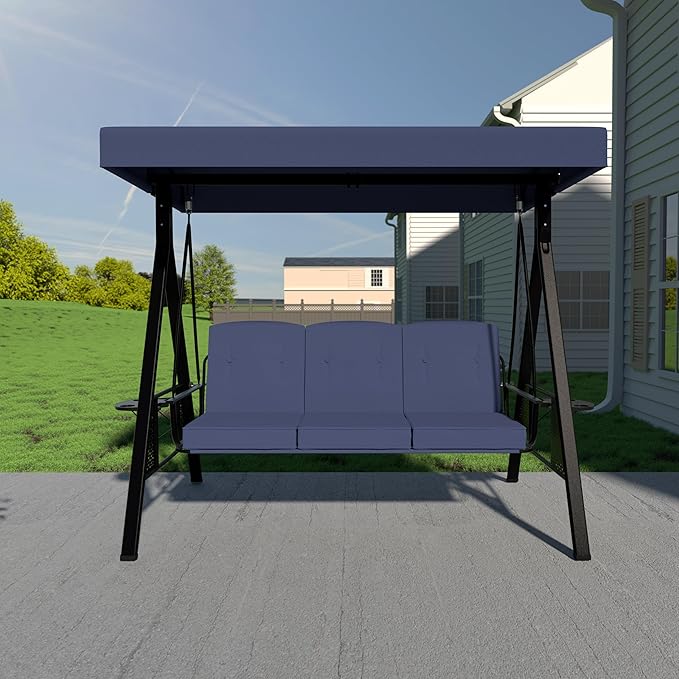 MUPATER 2-in-1 Swing Chair for Outside, Patio Porch Swing Chair, 3-Seat Outdoor Canopy Swing Glider with Stand and Cushion for Patio, Backyard and Deck, Blue