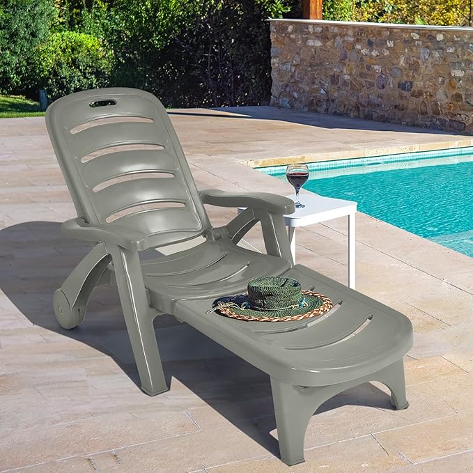 Tangkula Outdoor Chaise Lounge Chair, Adjustable 5-Position Recliner Chair with Built-in Wheels, Weather-Resistance Folding Lounge for Patio, Backyard, Poolside and Beach (2, Grey)