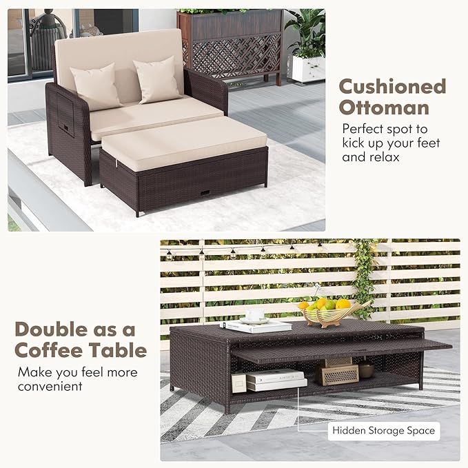 Nightcore Wicker Patio Outdoor Daybed, Outdoor Chaise Lounger w/ 4-Level Adjustable Backrest, Retractable Side Trays - Photo 4