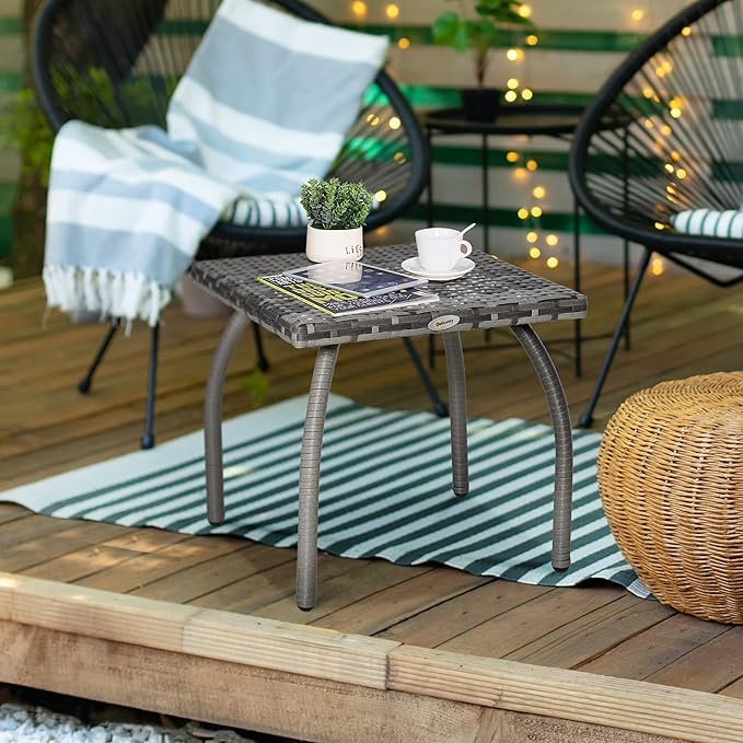 Outsunny Patio Wicker Side Table, PE Rattan Outdoor End Table with All-Weather Material, Small Square Coffee Table for Garden, Balcony, or Backyard, 17.75"x17.75", Gray