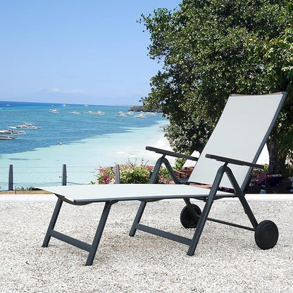 Grand patio Outdoor Chaise Lounge Chair Set of 2 with 6-Position Adjustable Sling Backrest, Aluminum Folding Portable Wood Grain Chair with Wheels for Beach, Backyard, Poolside, Lawn, White