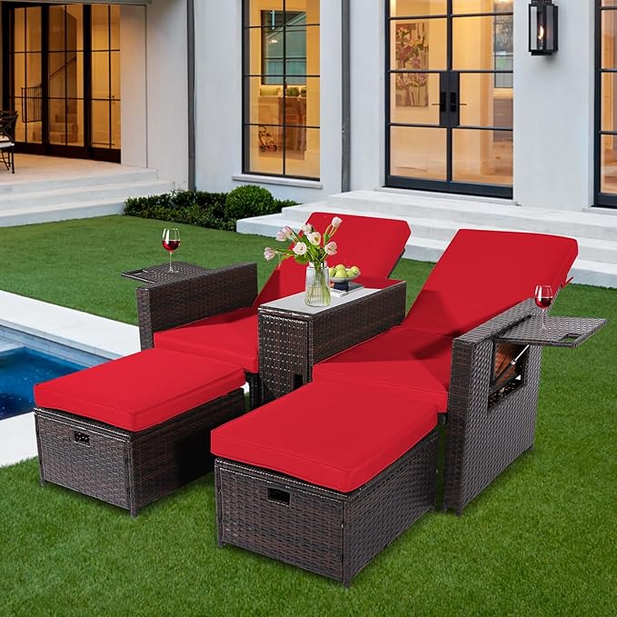 5PCS Outdoor Wicker Chaise Lounge Chair - Rattan Adjustable Reclining Patio Lounge Chair with Ottoman and Coffee Table, for Patio Beach Pool Backyard (Brown Wicker Red Cushion)