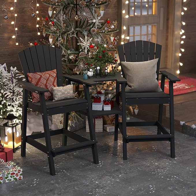 Tall Adirondack Chairs Set of 2, Bar Height HDPE Deck Chairs with Connecting Trays & Umbrella Hole, Weatherproof Patio Bar Stools for Balcony, Garden, Black