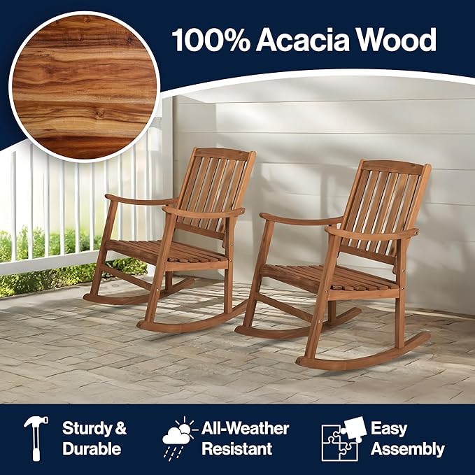 JONATHAN Y RCK102A-SET2 Wendy Classic Slat-Back 300-Lbs Support Acacia Wood Patio Outdoor Rocking Chair for Garden, Lawn, Backyard, Pool, Deck, Beach, Firepit, Teak, Set of 2