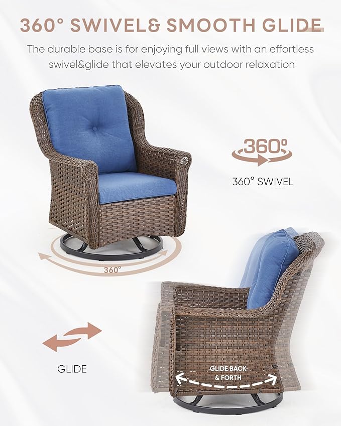 3 Piece Patio Swivel Chairs and Side Table Set - High Back Outdoor Brown Wicker Rattan Rocking Glider with Thick - Photo 5