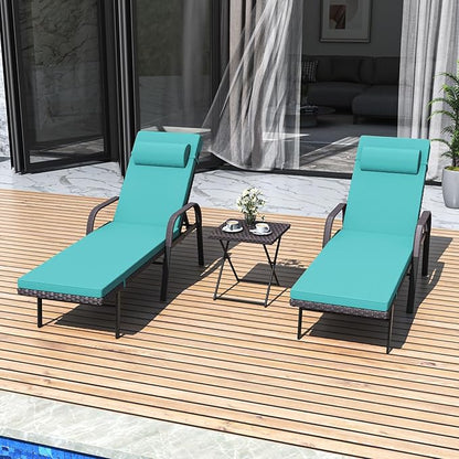ALAULM 3 Pieces Outdoor Chaise Lounge Set Rattan Wicker Adjustable Pool Lounge Chair w/Folding Table,Patio Armrest Recliner for Beach, Poolside,Blue