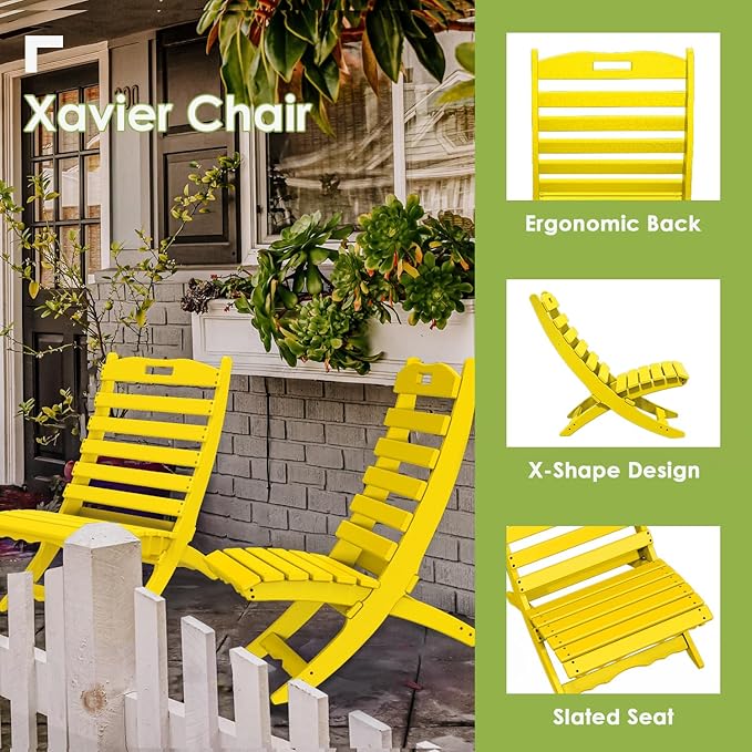 GREENVINES Folding-Xavier-Chairs Set of 2 | Wave | Portable Adirondack-Chair | HDPE Plastic | All Weather Fire-Pit Chair | Yellow | for Beach Outdoor Deck Poolside Garden Patio Porch Fishing