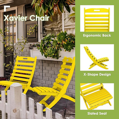 GREENVINES Folding-Xavier-Chairs Set of 4 | Wave | Portable Adirondack-Chair | HDPE Plastic | All Weather Fire-Pit Chair | Yellow | for Beach Outdoor Deck Poolside Garden Patio Porch Fishing