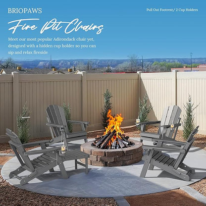 BRIOPAWS Adirondack-Chair-with-Pull-Out-Footrest | Folding | HDPE Plastic | Fire Pit Chairs | All Weather | Cup Holders | Curved Back | Retractable Ottoman | for Outdoor Deck Poolside | Grey