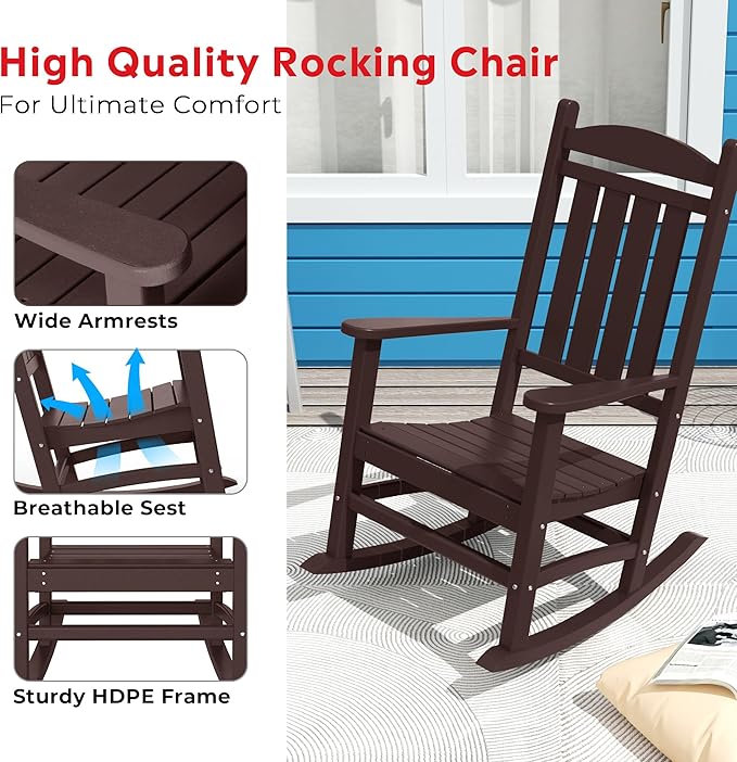 Costaelm Oversized Outdoor Rocking Chair, High Back Porch Rocker Chair, HDPE All Weather Resistant Outdoor Seating Furniture Wide Rocker Chair for Patio, Lawn, Garden, Dark Brown
