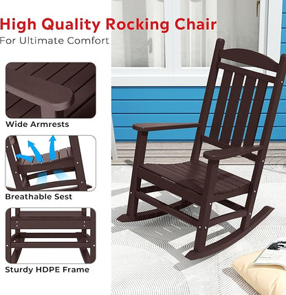 Costaelm Oversized Outdoor Rocking Chair, High Back Porch Rocker Chair, HDPE All Weather Resistant Outdoor Seating Furniture Wide Rocker Chair for Patio, Lawn, Garden, Dark Brown