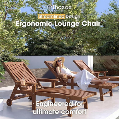 THOEOE Patio Chaise Lounge Chair, Oversized Lounge Chair Outdoor with 5 Positions, HDPE, Patio Lounge Chair with Wheels & Cup Holder for Pool, Deck, Poolside,Wood