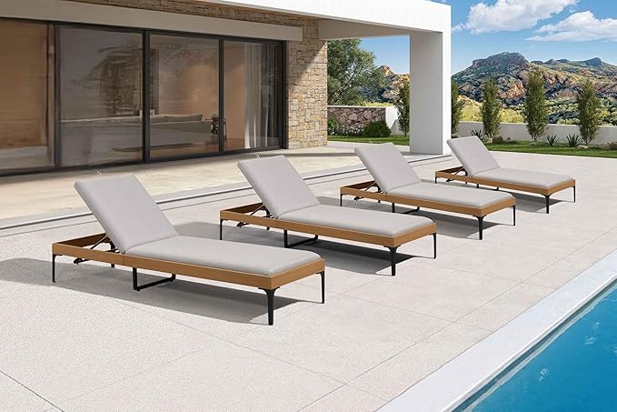 PURPLE LEAF Outdoor Chaise Lounge Set of 4 Aluminum Adjustable Patio Lounger Chairs with Cushions Reclining Beach Daybed for Poolside Balcony Deck Backyard, Teak