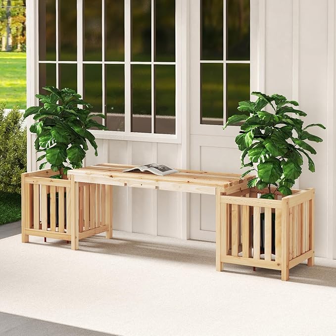 HAPPYGRILL Patio Wooden Bench with Planter, 2 Person Patio Bench with/ 2 Side Flower Box, Slot Design for Easy Assembly - Photo 2