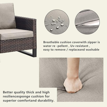 Rilyson Wicker Outdoor Patio Furniture Set - 5 Piece Patio Conversation Set with 2 Swivel Rocker Chairs,2 Rattan Ottoman and 1 Couch for Outside Porch Deck Backyard Garden(Brown/Grey)