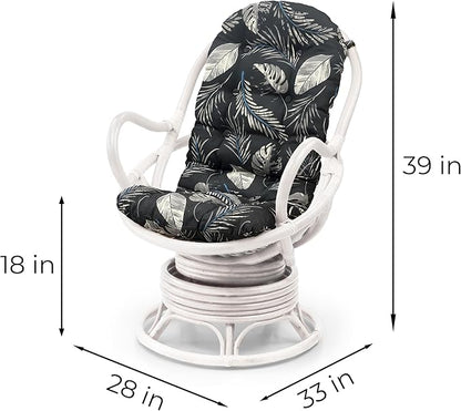 Wickerix Java Lounge Swivel Rocking Chair with Black Leaf Cushion Natural Rattan Wicker Handmade, White Color