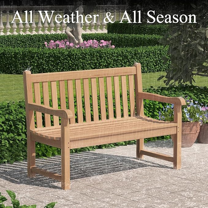 Outdoor Teak Bench, Park Bench for 2 People, Ergonomic Patio Seating, Weather-Resistant and Durable Design, Perfect for Yard, Poolside, or Porch