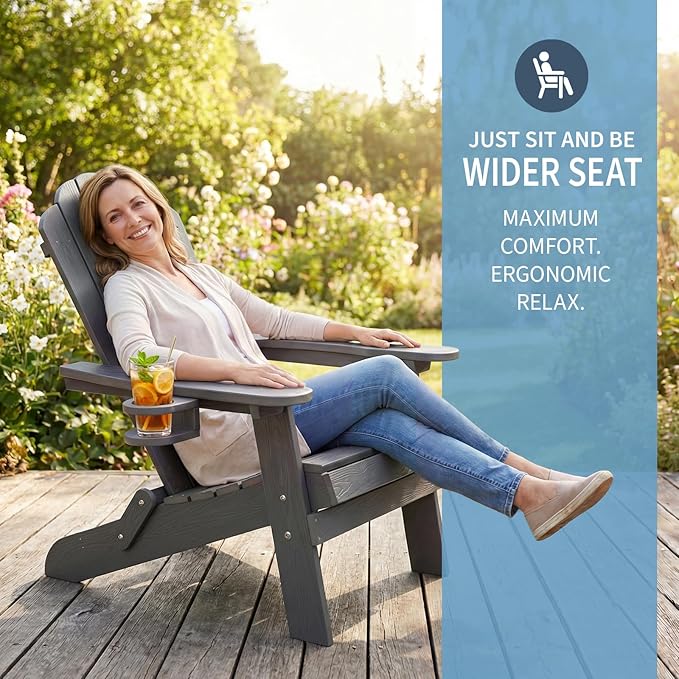 JEKO&JEKO Folding Adirondack Chairs Set of 4, All-Weather Outdoor Chair with Cup Holder, Plastic Adirondack Chair for Patio, Garden, Lawn, Porch, Deck, Backyard – Gray