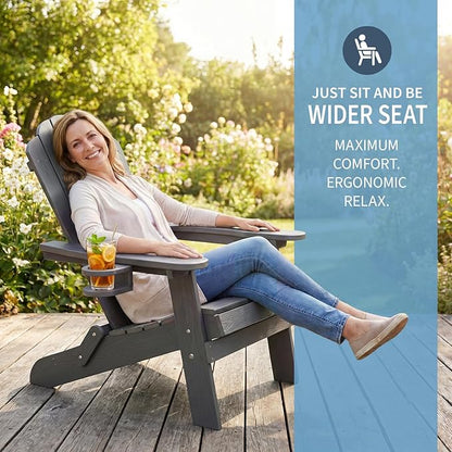 JEKO&JEKO Folding Adirondack Chairs Set of 2, All-Weather Outdoor Chair with Cup Holder, Plastic Adirondack Chair for Patio, Garden, Lawn, Porch, Deck, Backyard – Gray