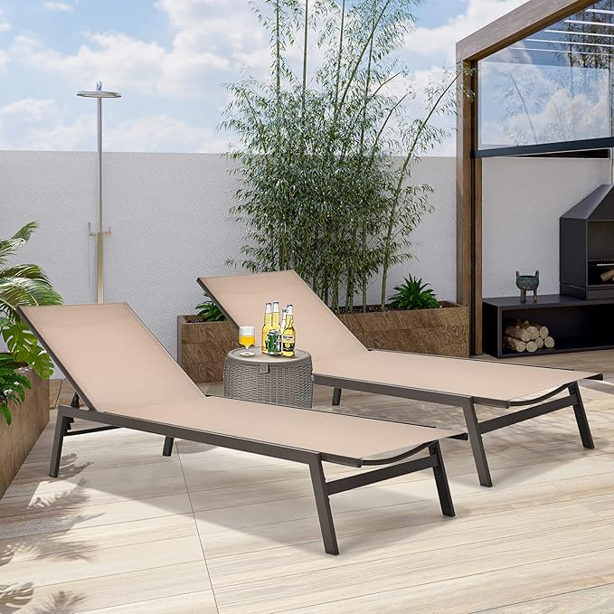 COSTWAY Patio Lounge Chair Outdoor, 6-Position Backrest Adjustable Pool Lounger, Metal Frame & Breathable Fabric - Photo 2