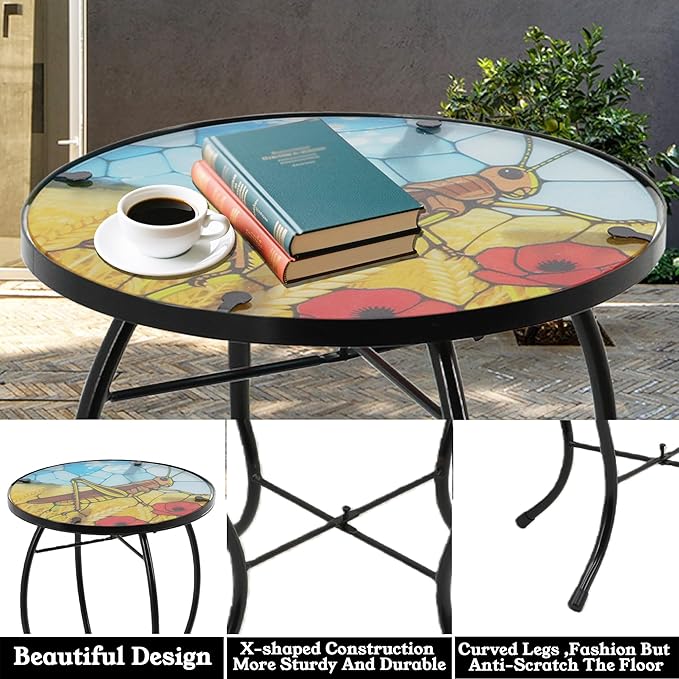 Small Side Table with Metal Frame, 10.5" Round Side Tables with Grasshopper Pattern,Outdoor Table for Balcony,Terrace,Garden,Living Room